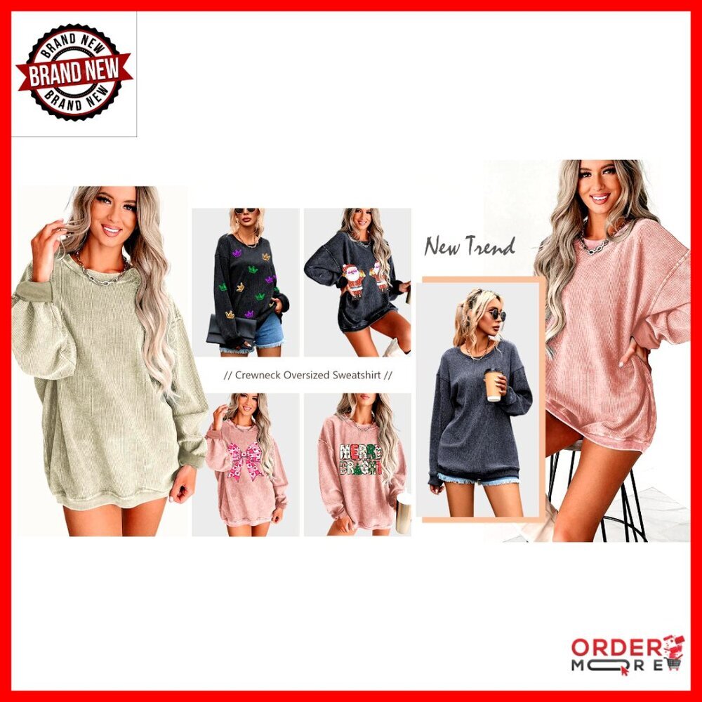 Oversized Corduroy Crewneck Sweatshirt Long Sleeve Pullover Top - Picture 7 of 7